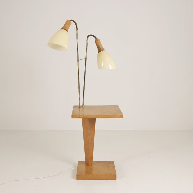 Art Deco Floor Lamp with Side Table in Curly / Silver Birch, Finland 1930s-40s