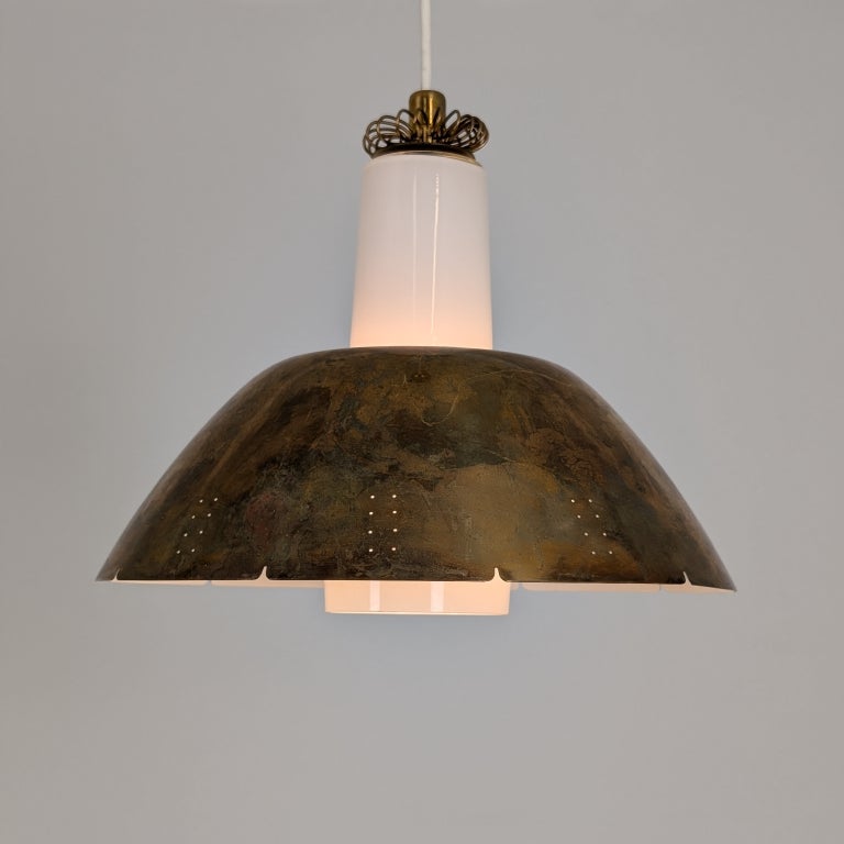 Paavo Tynell Brass & Opal Glass Ceiling Pendant Model K2-20, Idman 1950s