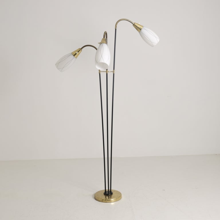 G. Holman Three-Light Floor Lamp in Brass, Black Metal and Opaline Glass, 1950s