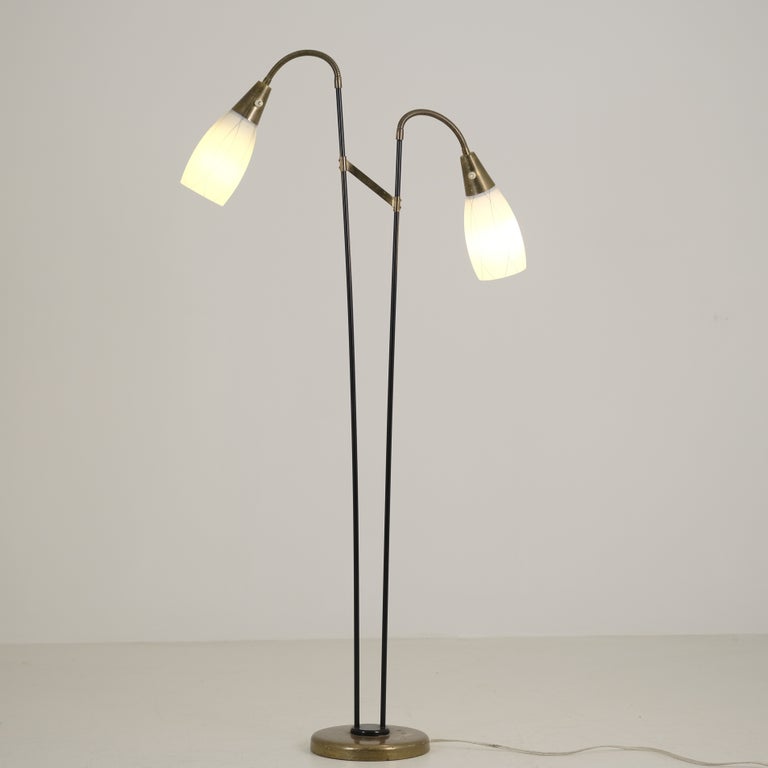 G. Holman Two-Light Floor Lamp in Brass, Black Metal and Opaline Glass, 1950s