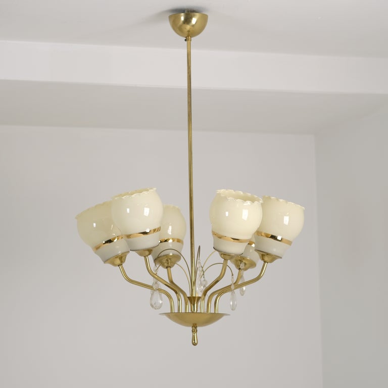 Six Arm Vintage Itsu Chandelier, Brass, Glass, & Crystals, Finland 1950s