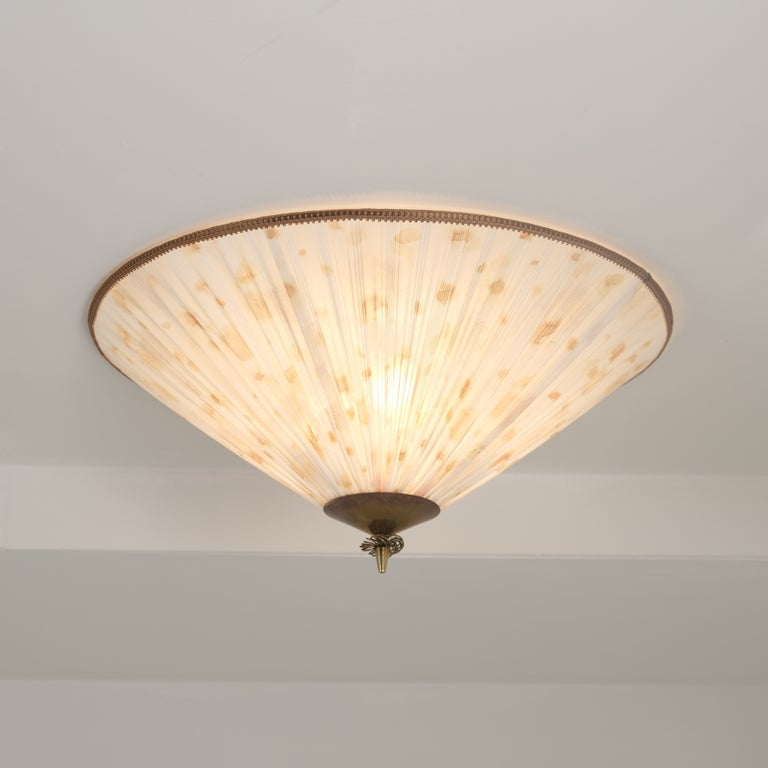 Vintage Flush Mount with Brass & Pleated Fabric, Itsu Finland 1950s