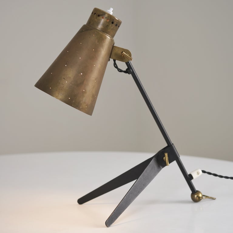 Mid-Century Table Lamp Model EV 70, Perforated Brass & Black, Itsu Finland 1950s