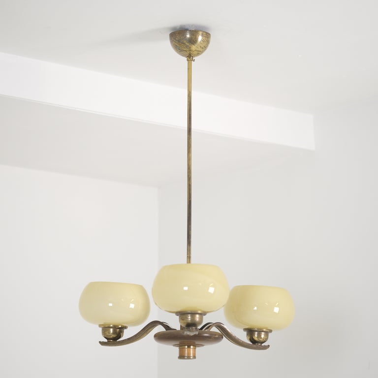 Art Deco Paavo Tynell Pendant 1255 in Brass, Birch & Opaline Glass, Taito 1930s
