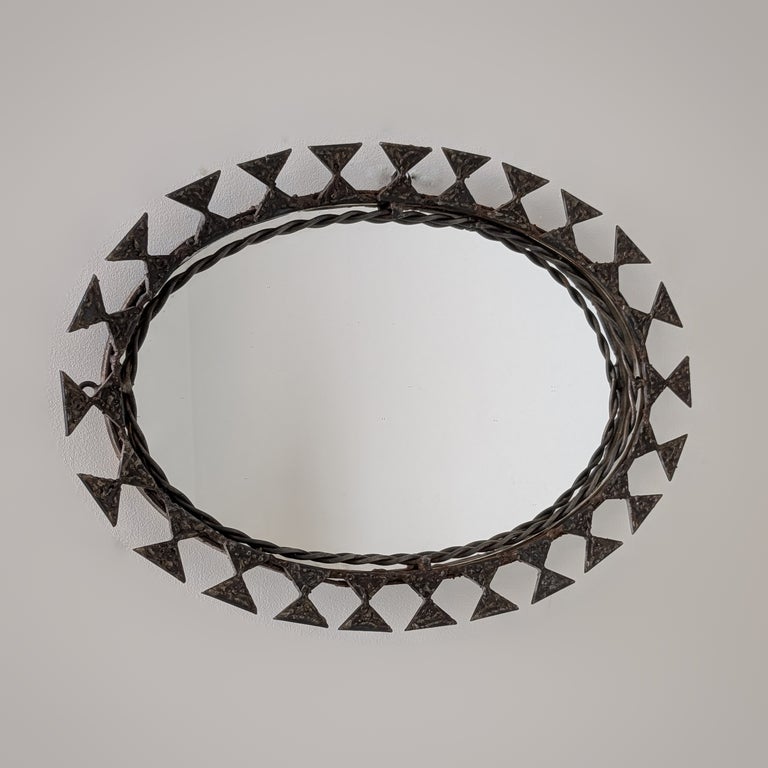 Brutalist Paul Evans Style Hand-Forged Wrought Iron Oval Mirror, Finland 1950s