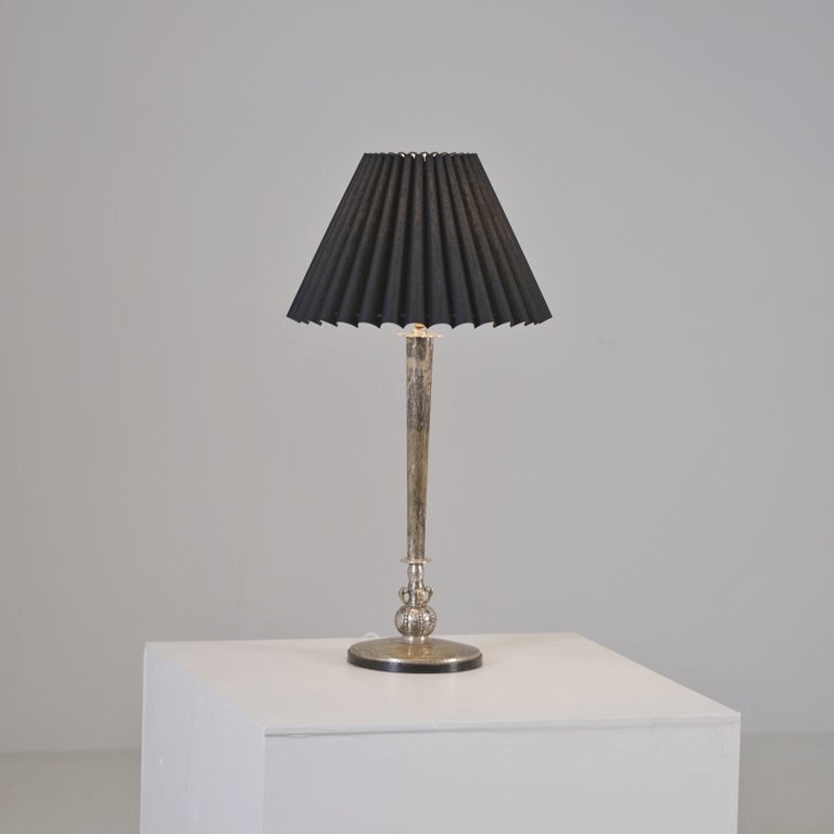 Swedish Grace Table Lamp by C. G Hallberg, Silver & Stained Wood, Sweden 1928