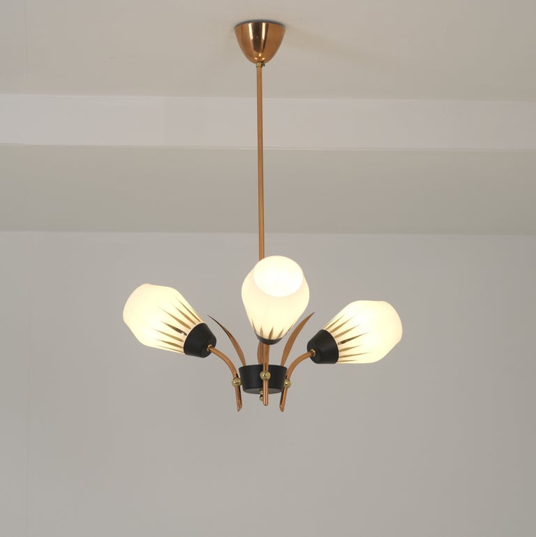 G. Holman Chandelier in Copper, Brass & Hand-Painted Opaline Glass, Finland 1960s