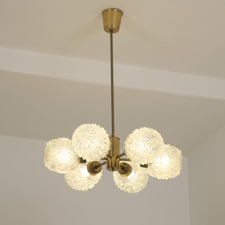 Vintage 6 Light Sputnik Chandelier in Brass & Glass, Hyval, Finland 1960s