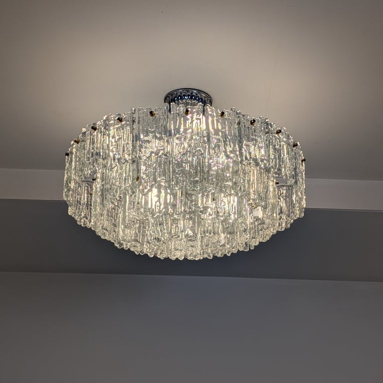 Large J T Kalmar Ice Block Chandelier in Frosted Glass and Chrome, Austria 1960s
