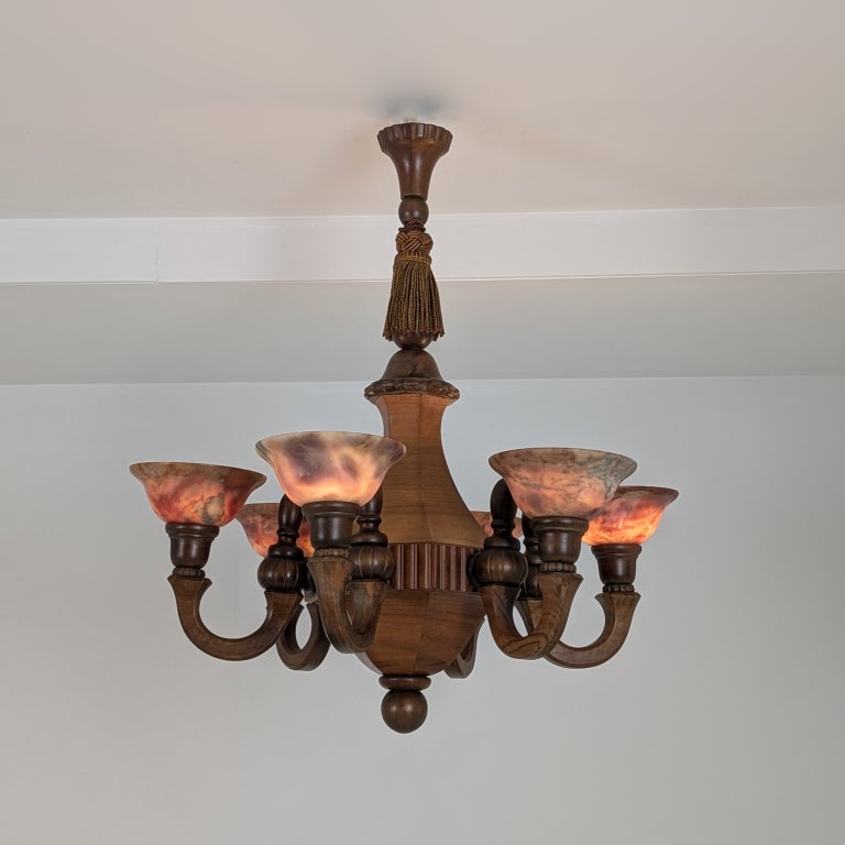 German Art Deco Wooden Chandelier with Stone Shades, circa 1929