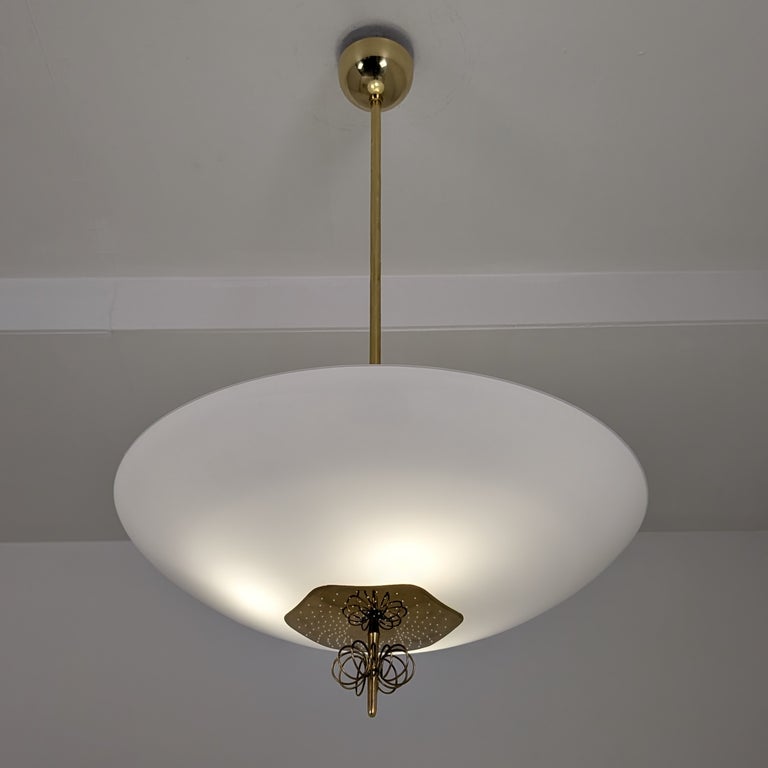Rare Commissioned Paavo Tynell Chandelier, Perforated Brass & Glass, Taito 1950s